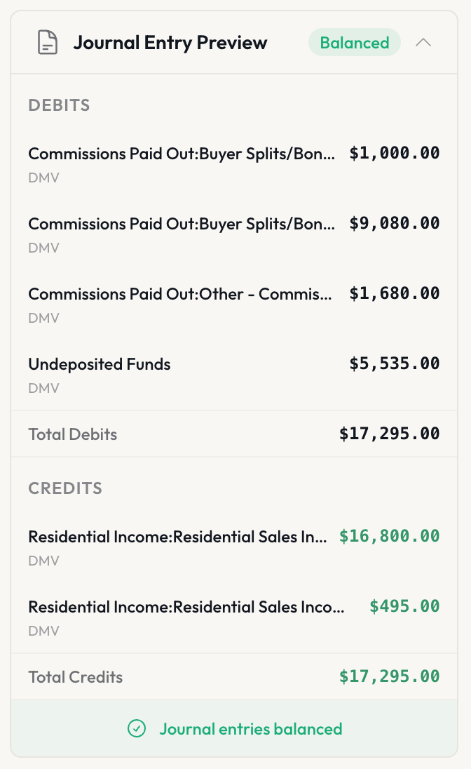 Journal entry preview showing balanced debits and credits with dimensional tags